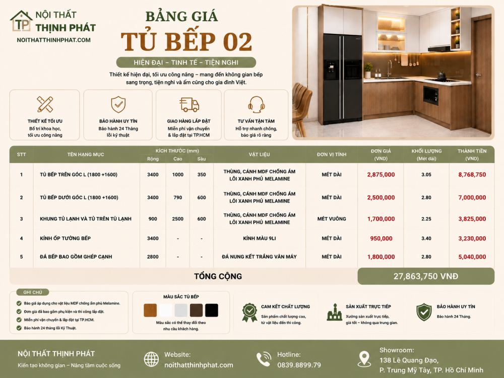 Tủ Bếp Chữ L Hiện Đại Phối Màu Trắng Và Vân Gỗ TB02